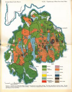 colors show different vegetation types on Mount Desert Island: the outer edges are mostly green for evergreen and deciduous forest, with orange shading interior areas that were burned by forest fires.