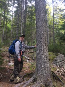 Kate Miller with baseball cap and backpack leans against a large spruce tree